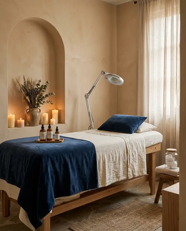 Cabina del spa con camilla vestida en lino marfil e índigo, velas y lámpara de aumento