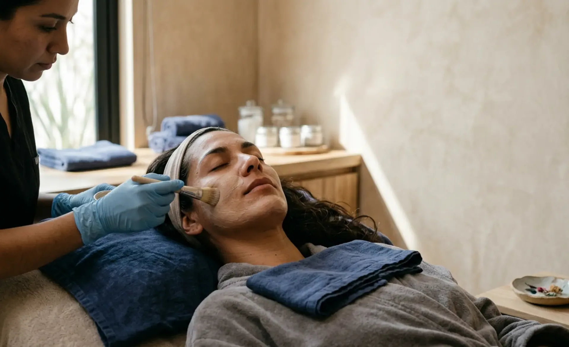 Esteticista aplicando con brocha una mascarilla facial a una clienta relajada en la cabina del spa