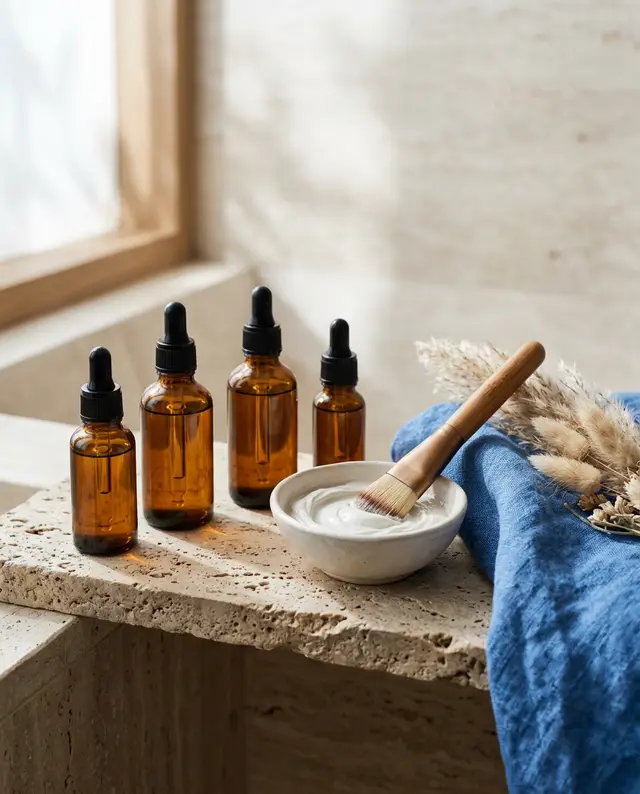 Frascos de vidrio ámbar, cuenco de mascarilla de arcilla y brocha sobre una repisa de travertino