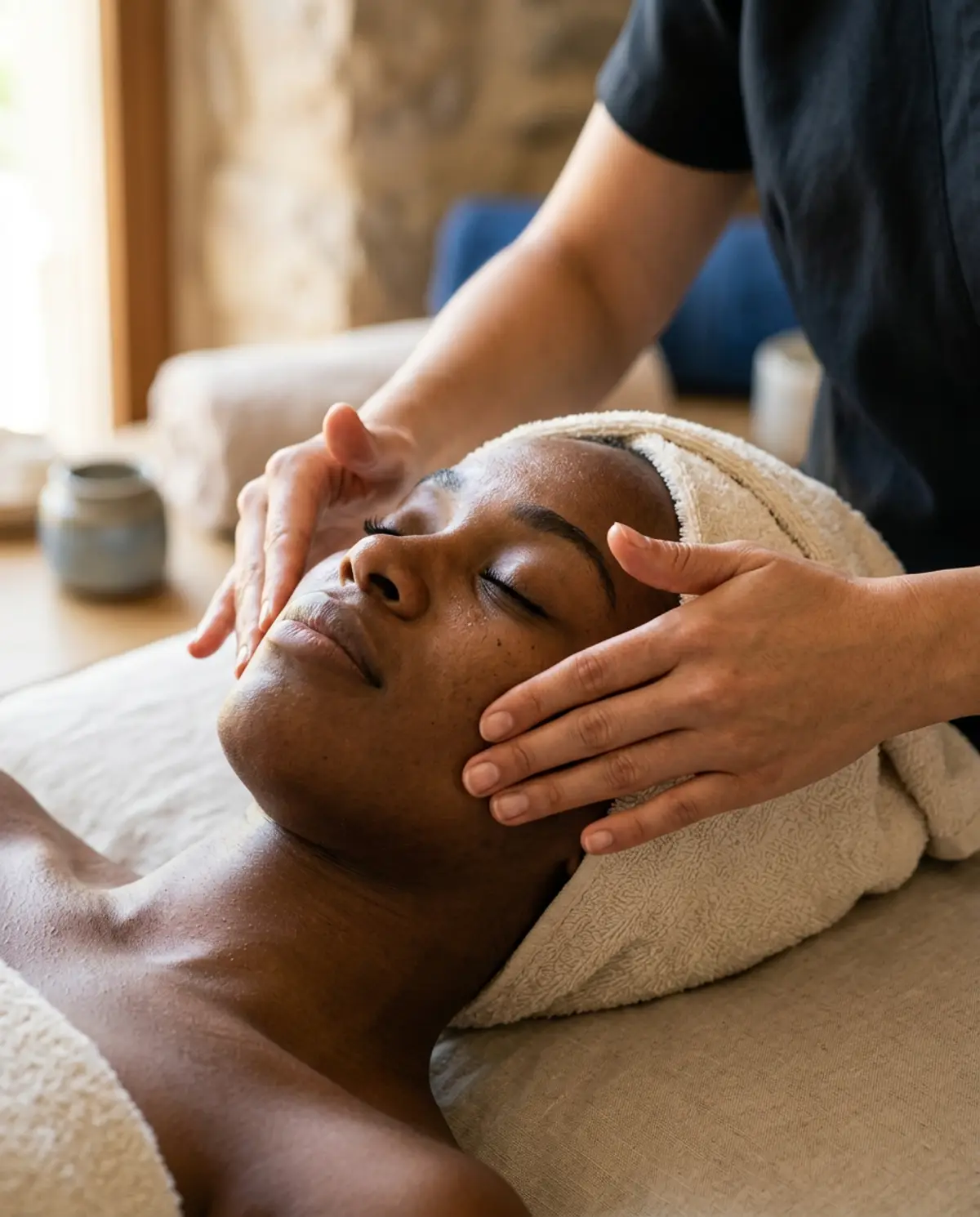 Masaje facial relajante en rostro y cuello en Ritual Maat, West Houston
