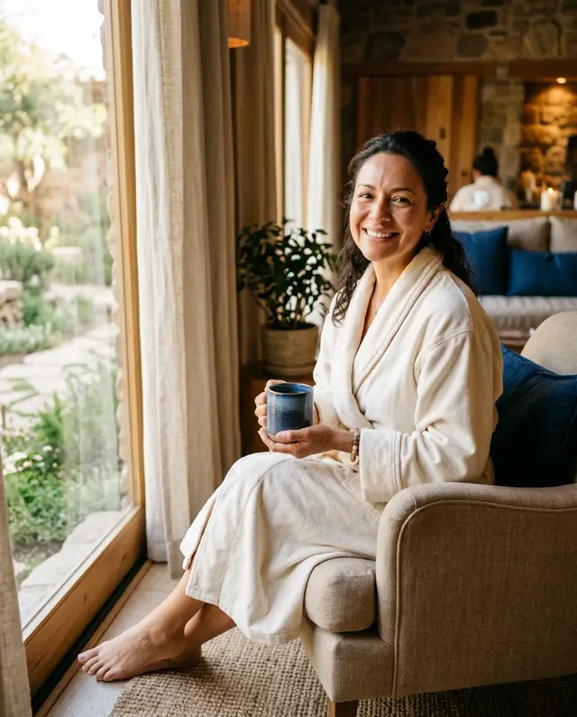 Mujer sonriente en bata tomando una infusión junto a la ventana después de su tratamiento