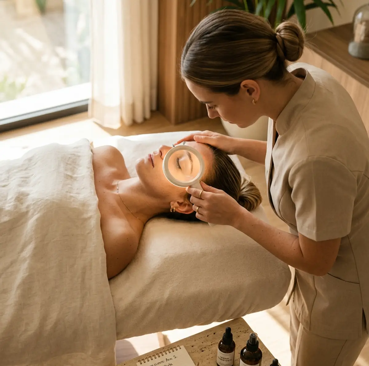 Valoración de la piel antes de la exfoliación en Ritual Maat, Houston